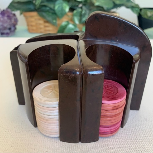 MCM Other - Vintage Bakelite Poker Chip Caddy Card Holder Art Deco Brown W Chips MCM Games